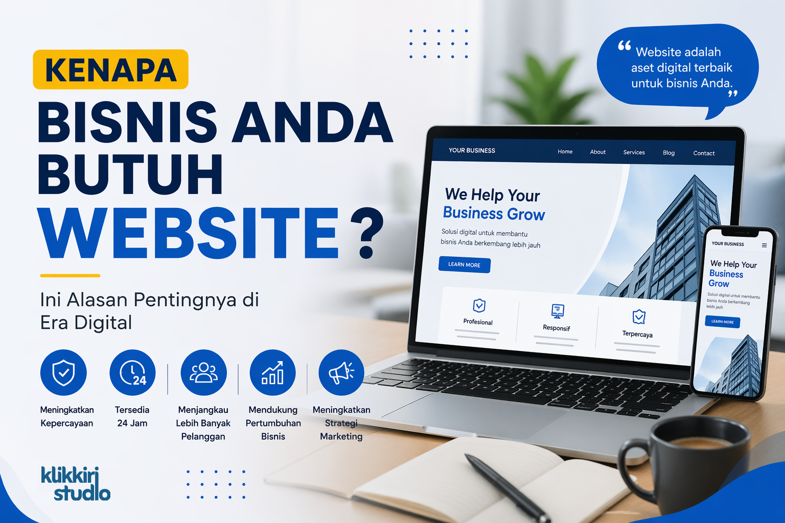 Ilustrasi kenapa bisnis butuh website ditampilkan pada laptop dan smartphone dengan tampilan website profesional