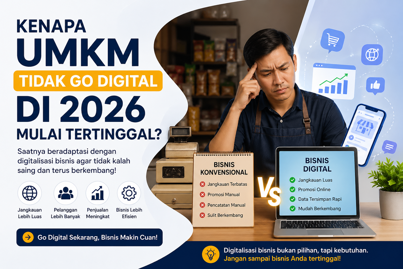 Poster ilustrasi UMKM konvensional vs bisnis digital di tahun 2026, menampilkan pemilik usaha berpikir dengan perbandingan antara pencatatan manual dan penggunaan website serta teknologi digital untuk meningkatkan jangkauan dan penjualan