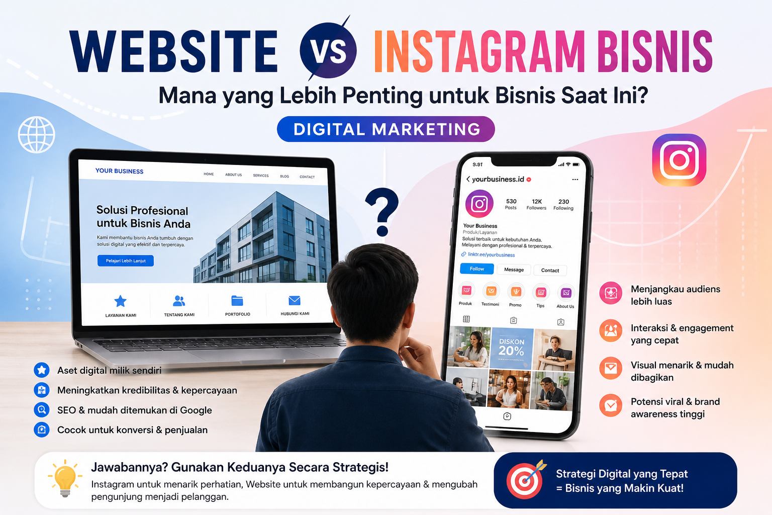 Website vs Instagram bisnis dalam digital marketing, ilustrasi perbandingan website dan Instagram untuk strategi bisnis modern