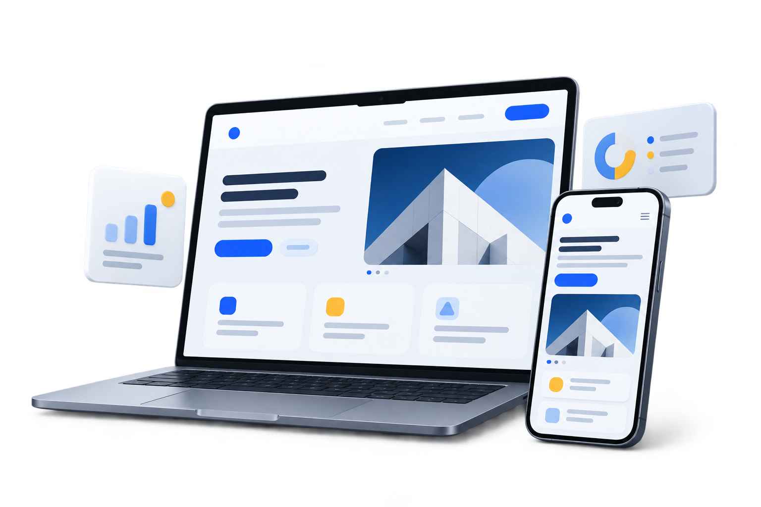 Mockup website dan aplikasi KlikKiri Studio pada laptop dan smartphone.