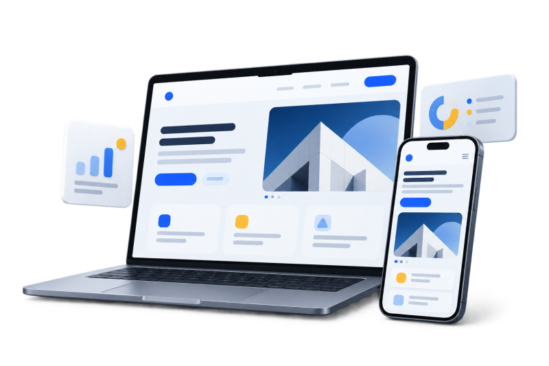 Mockup website dan aplikasi KlikKiri Studio pada laptop dan smartphone.